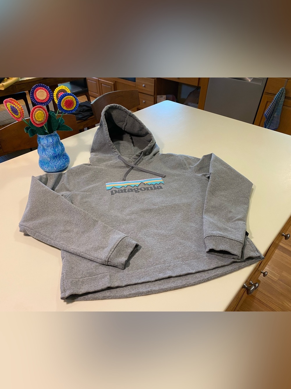 Patagonia uprisal hoodie. Gray Hoodie with Multicolor Patagonia logo.